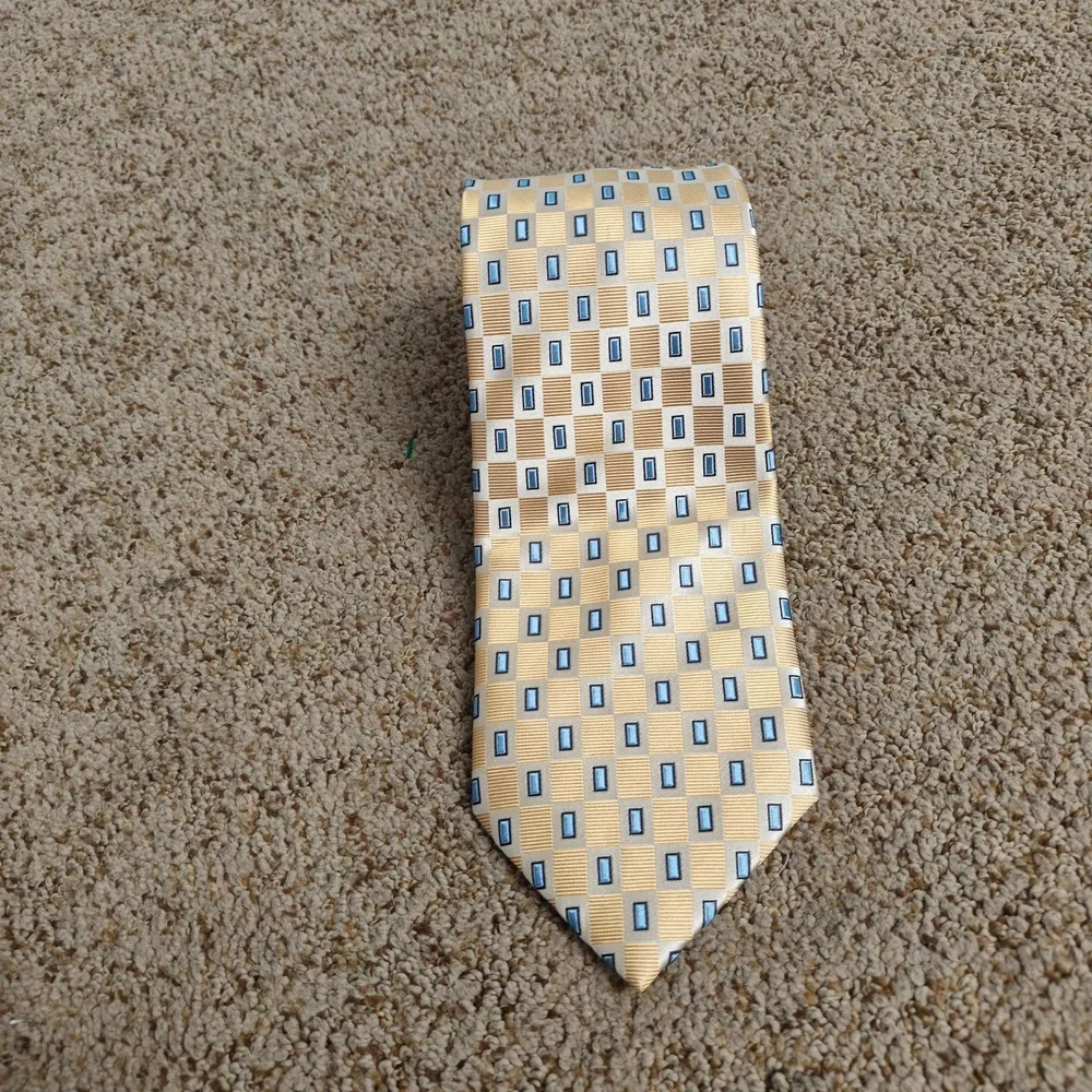 Henry Jacobson Necktie Mens 58 Inch Yellow Gold Woven Plaid Luxury Handmade Silk